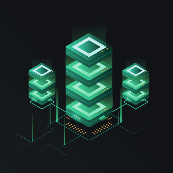 Stacked green servers connected in a digital network