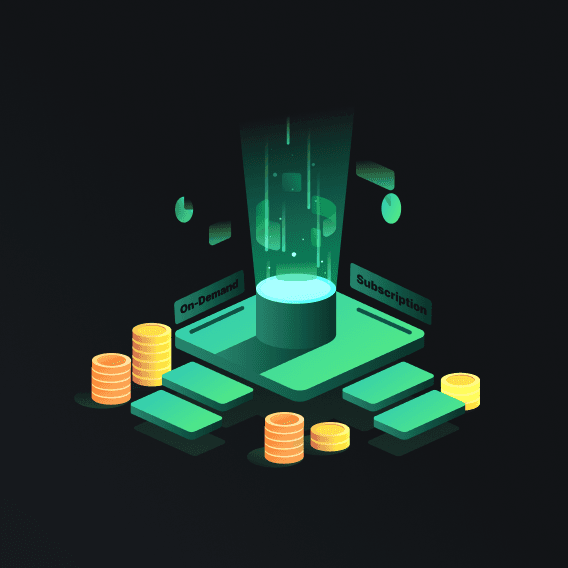 Digital platform with coins and labels "On-Demand" and "Subscription"