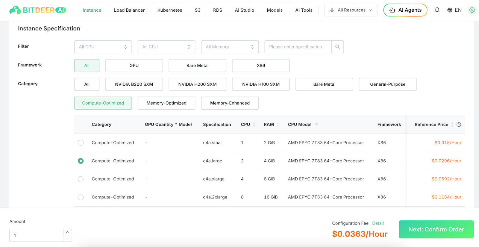 Bitdeer AI Cloud Instance Page Screenshot