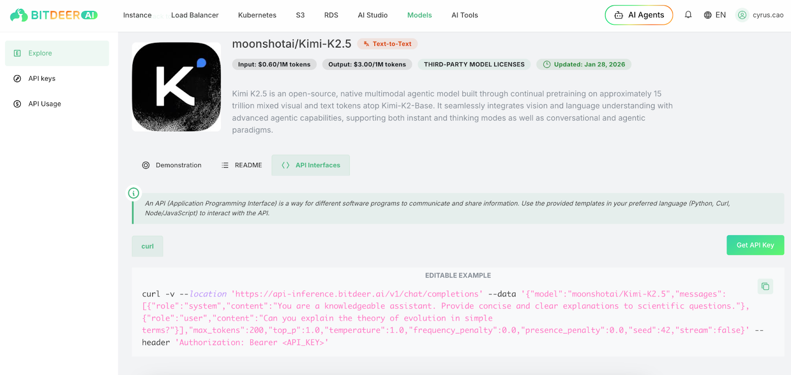 Bitdeer AI Cloud Models Page Screenshot