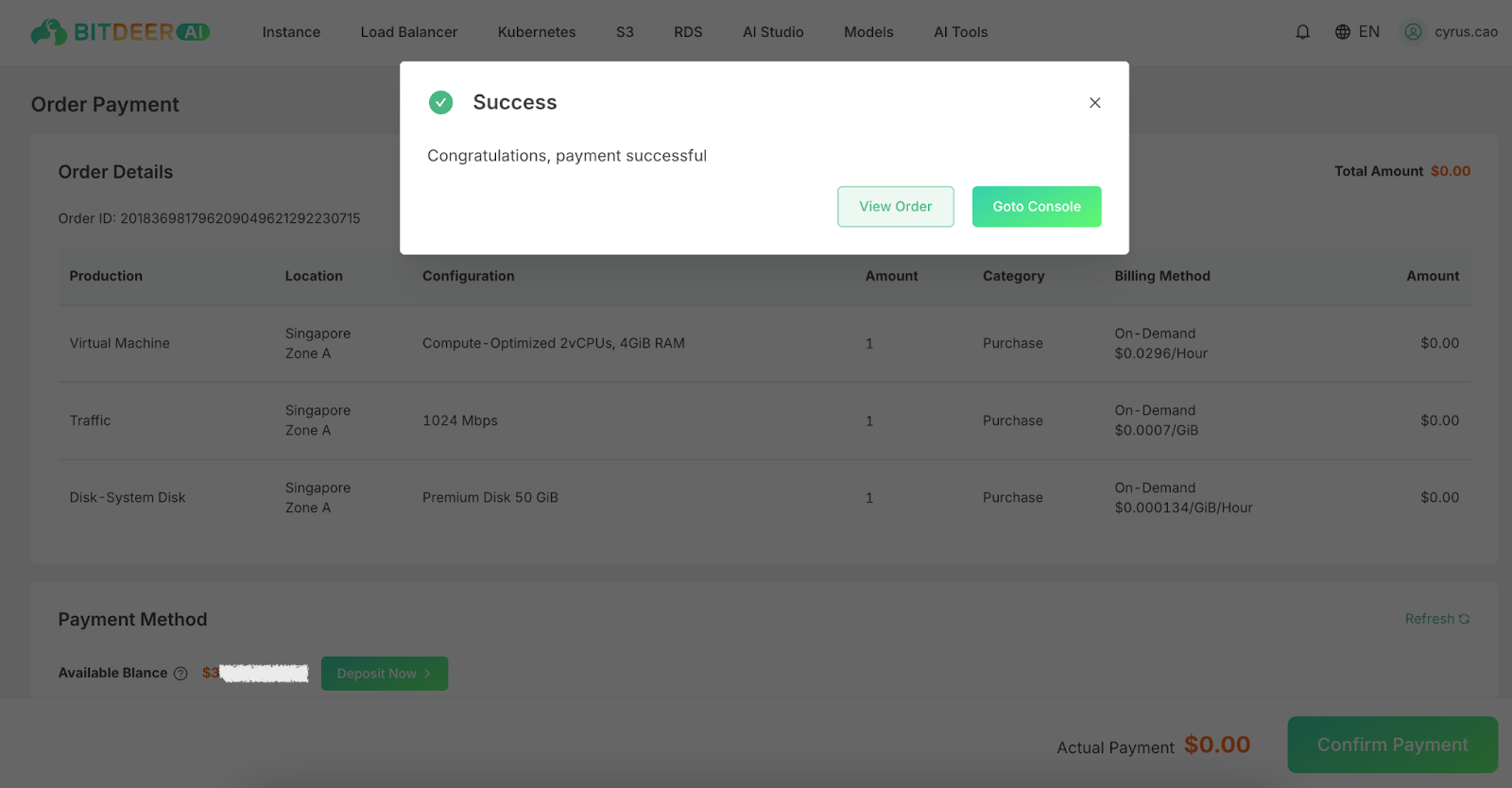 Bitdeer AI Cloud Instance Page Screenshot