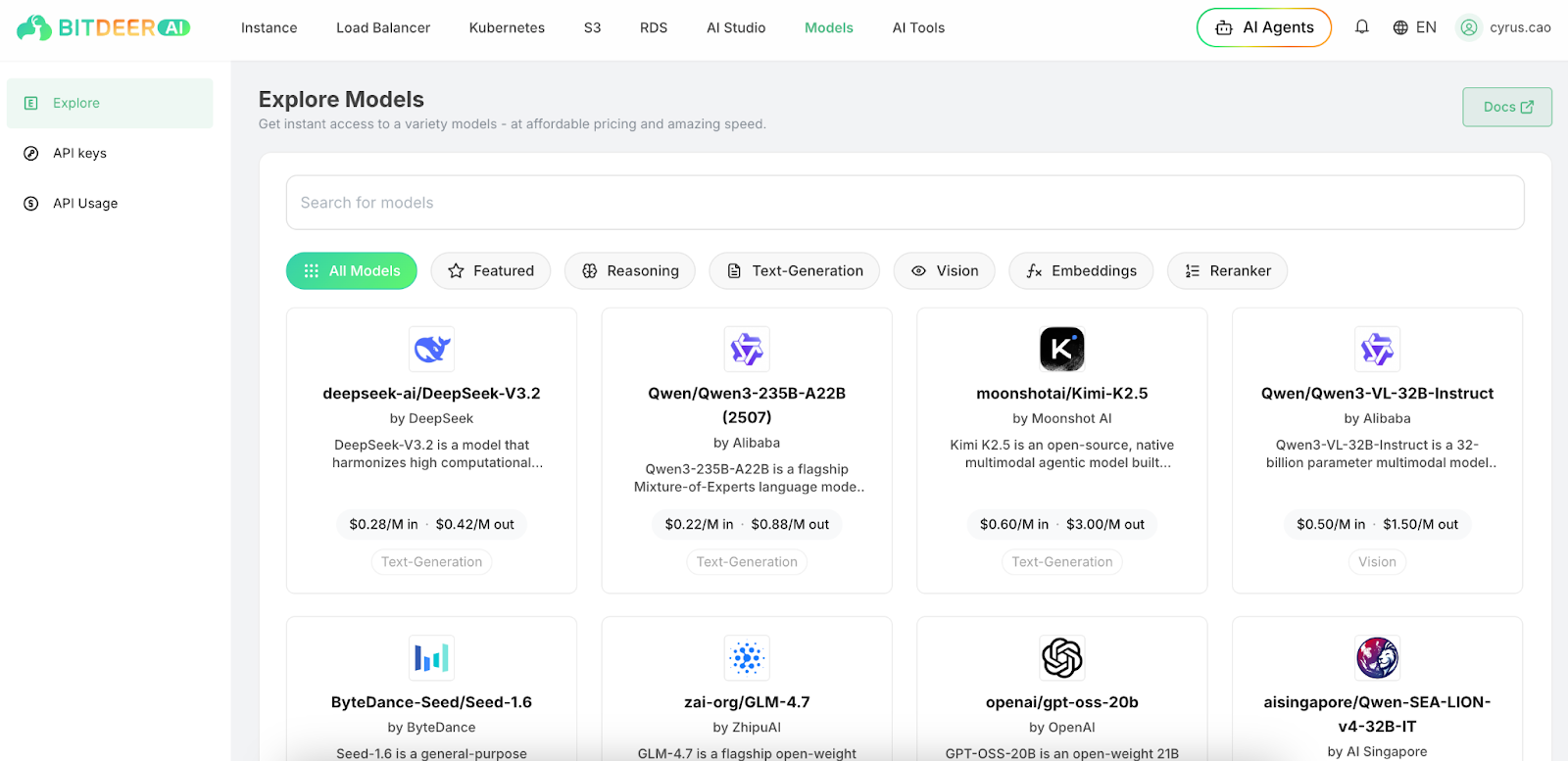 Bitdeer AI Cloud Models Page Screenshot