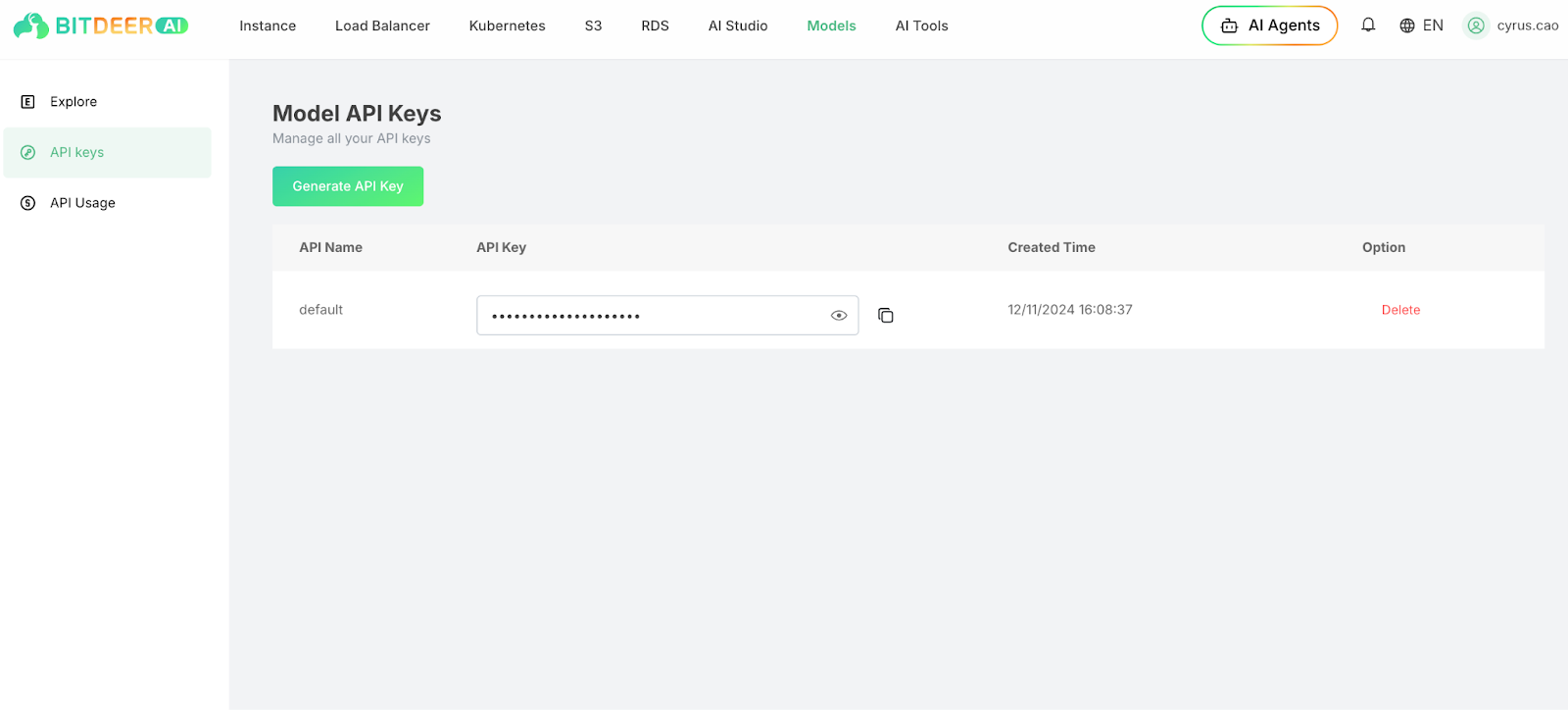 Bitdeer AI Cloud Models Page API Key Screenshot