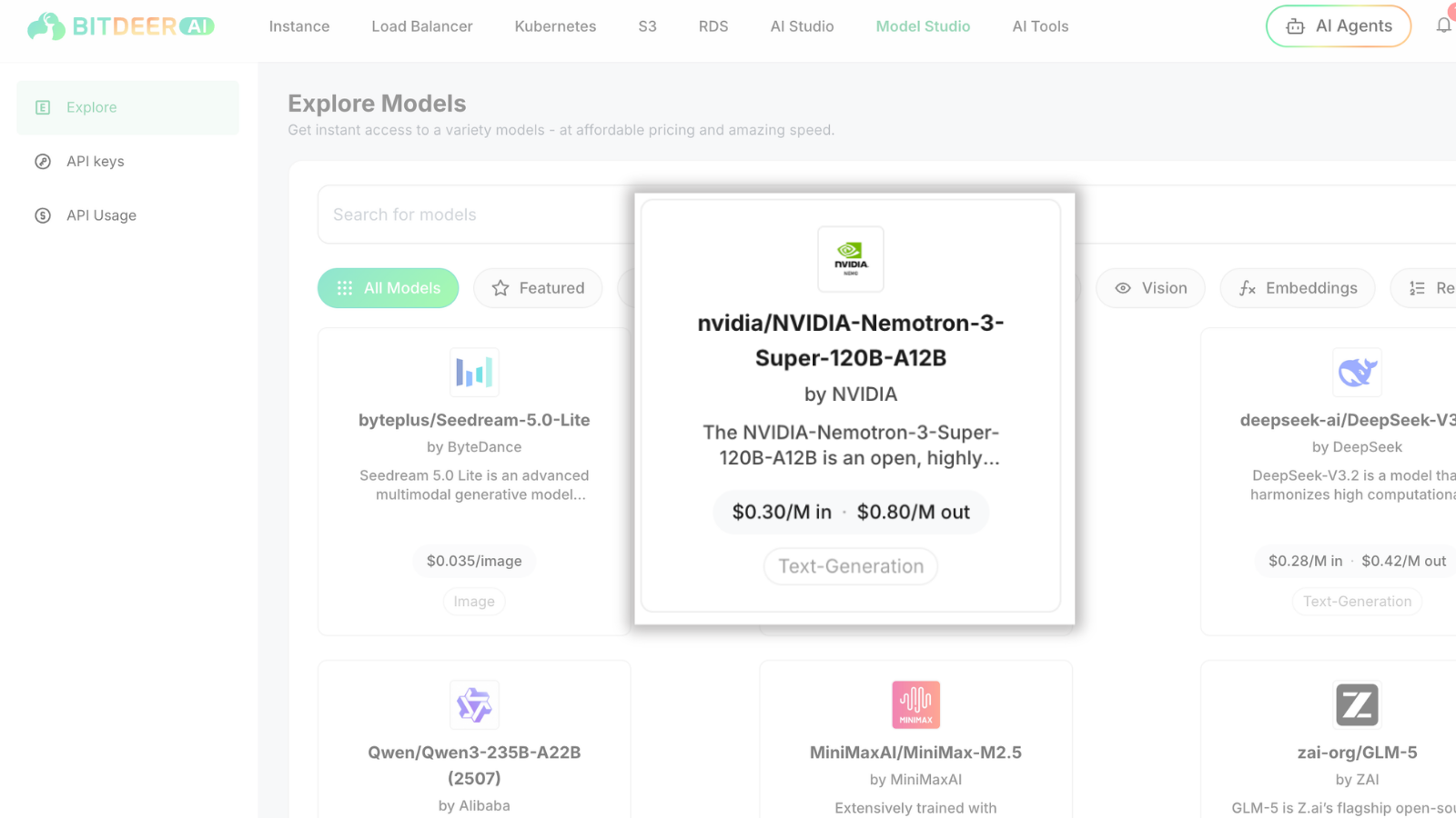 Bitdeer AI Model Studio Screenshot