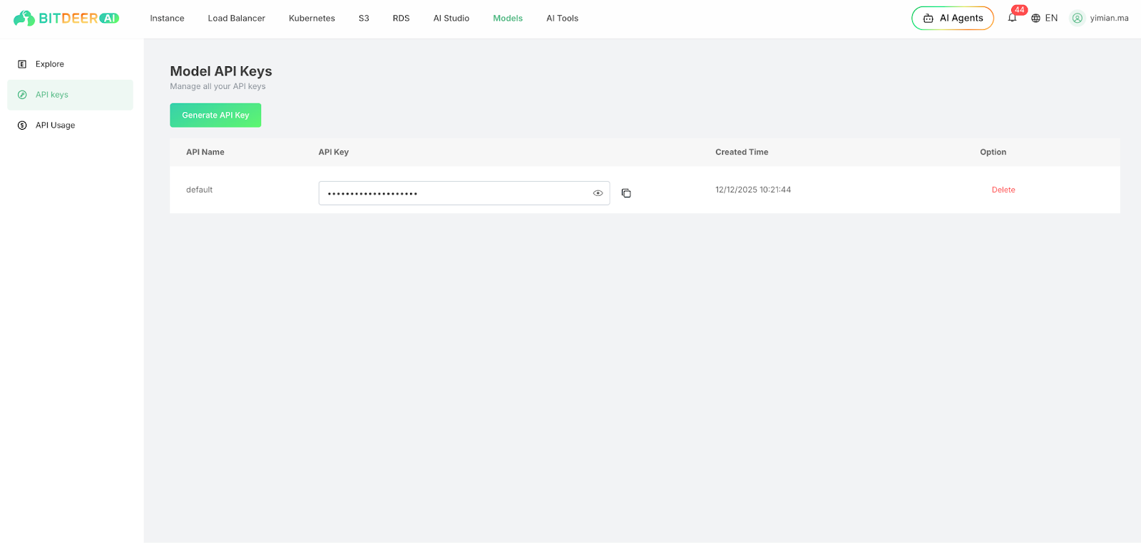 Screenshot of the API key page in Bitdeer AI Cloud's Model Studio