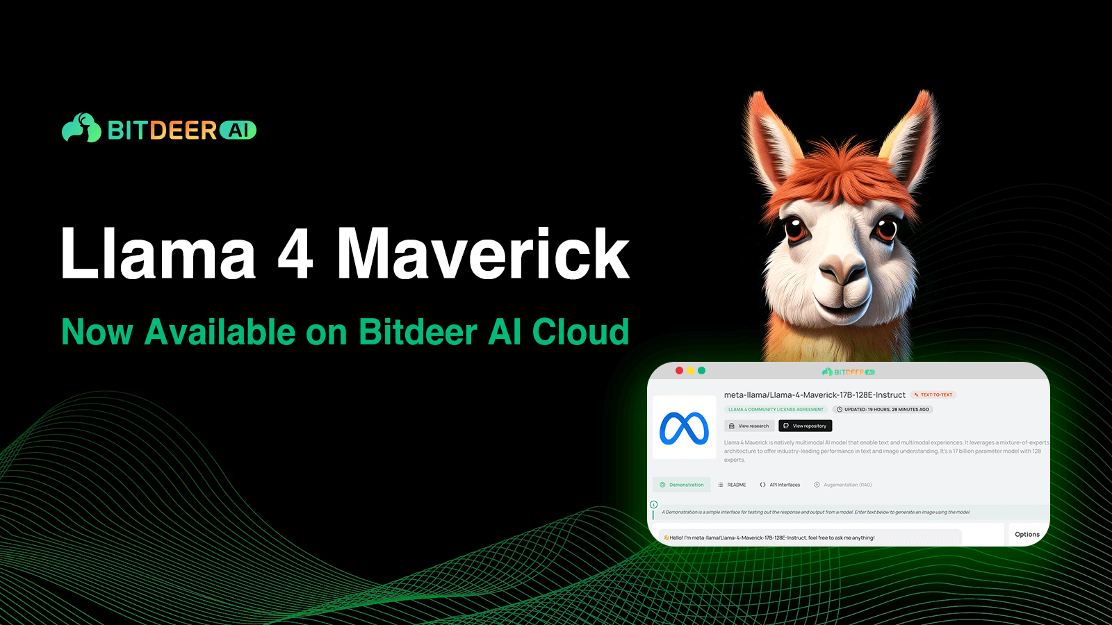 Banner image showing Llama 4 Maverick on Bitdeer AI Cloud, with a llama mascot and platform interface