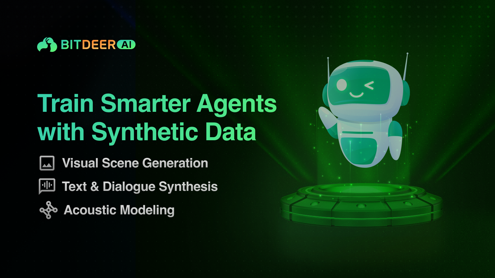 Bitdeer AI banner on training agents with synthetic data; features icons and a winking robot.