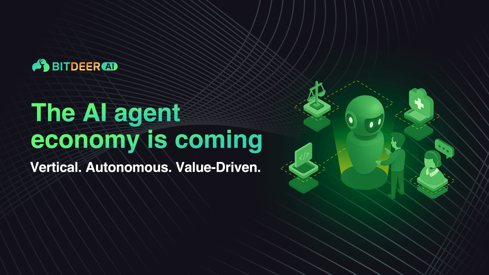 banner with text 'The AI agent economy is coming' and a robot surrounded by icons for healthcare, law, coding, and support.