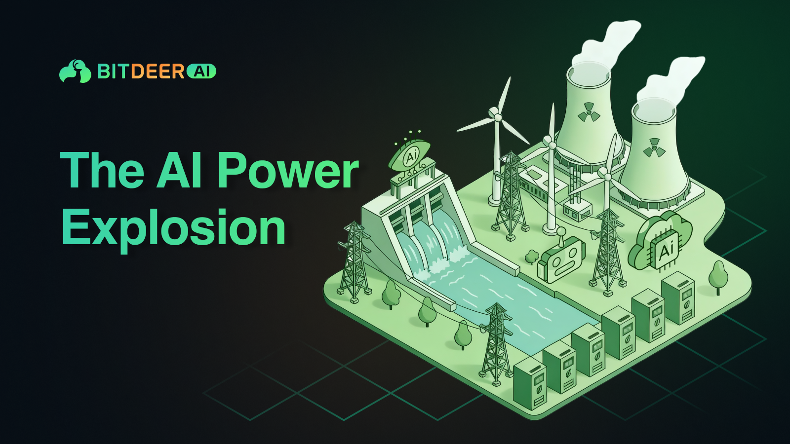Illustration of power plants and servers symbolizing the AI power surge