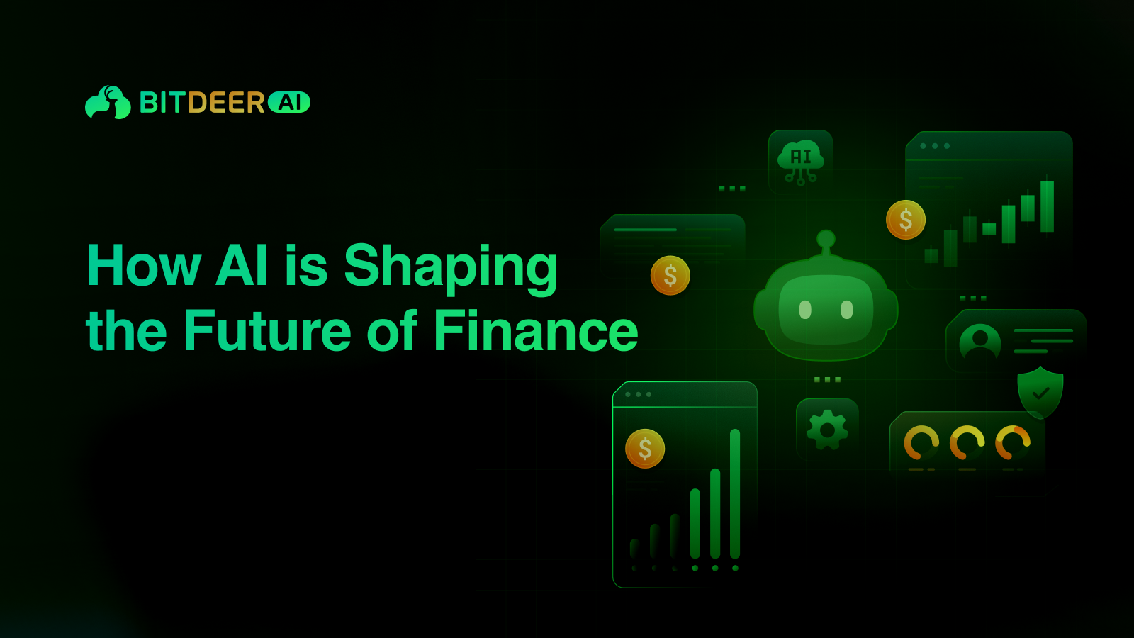 Bitdeer AI banner on how AI is shaping the future of finance with charts and AI icons.