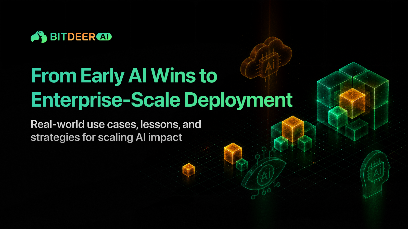 Bitdeer AI banner for enterprise-scale AI deployment with neon cubes and AI icons