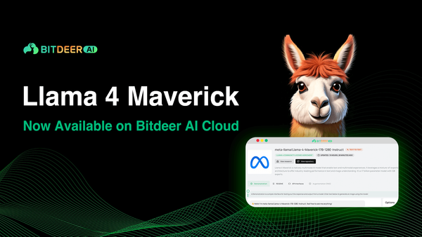 Banner image showing Llama 4 Maverick on Bitdeer AI Cloud, with a llama mascot and platform interface