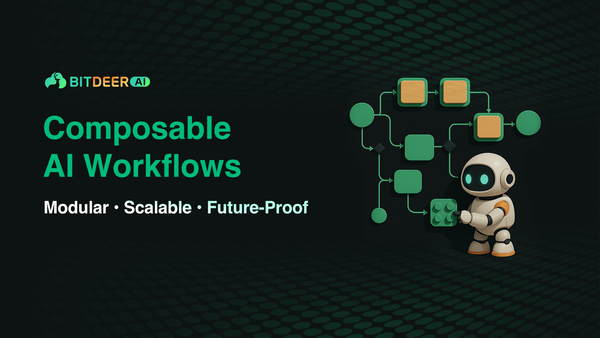 Robot building modular AI workflows with Bitdeer AI branding.