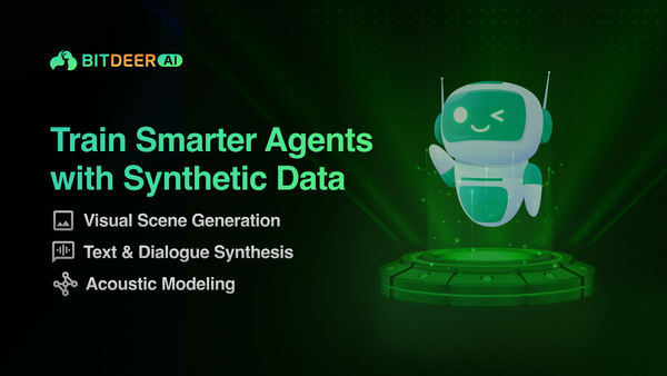 Bitdeer AI banner on training agents with synthetic data; features icons and a winking robot.