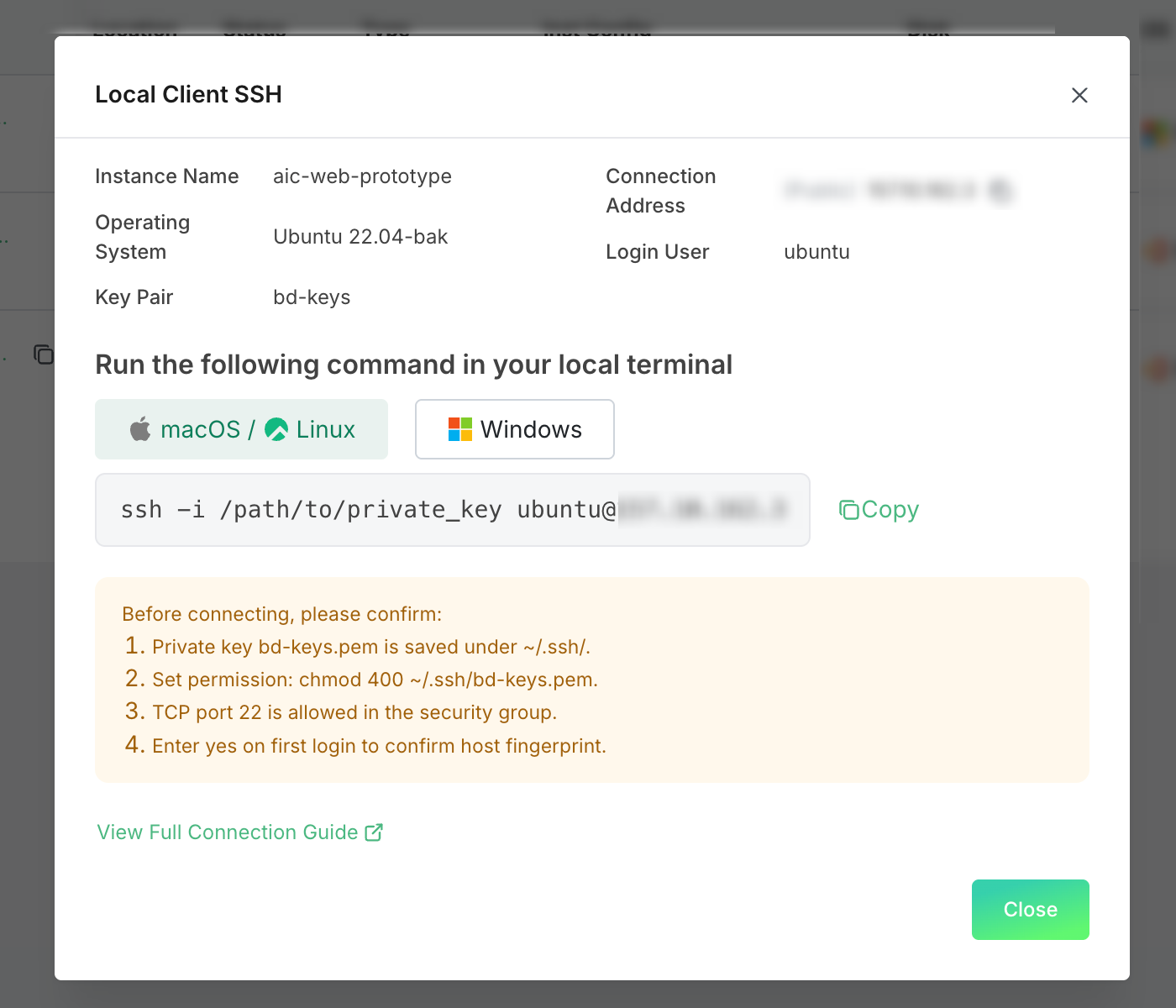 Figure 4: Local Client SSH guide dialog with connection command