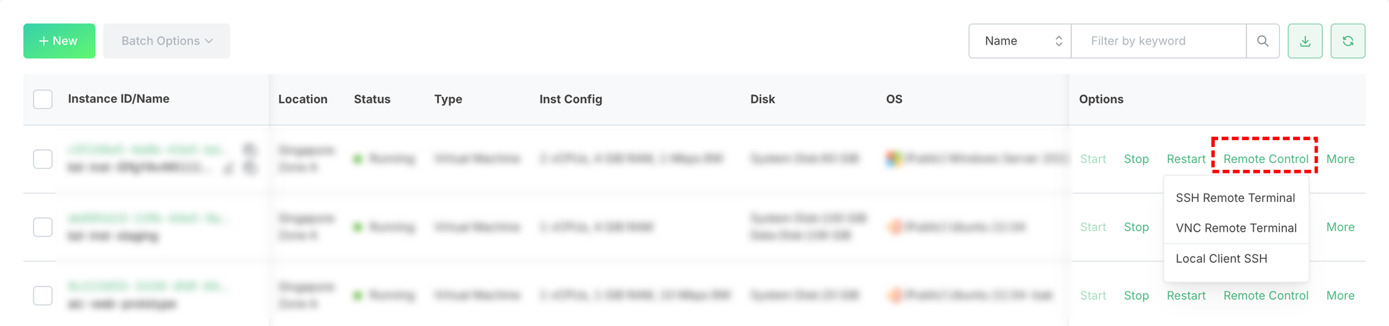 Figure 1: Instance list with Remote Control dropdown