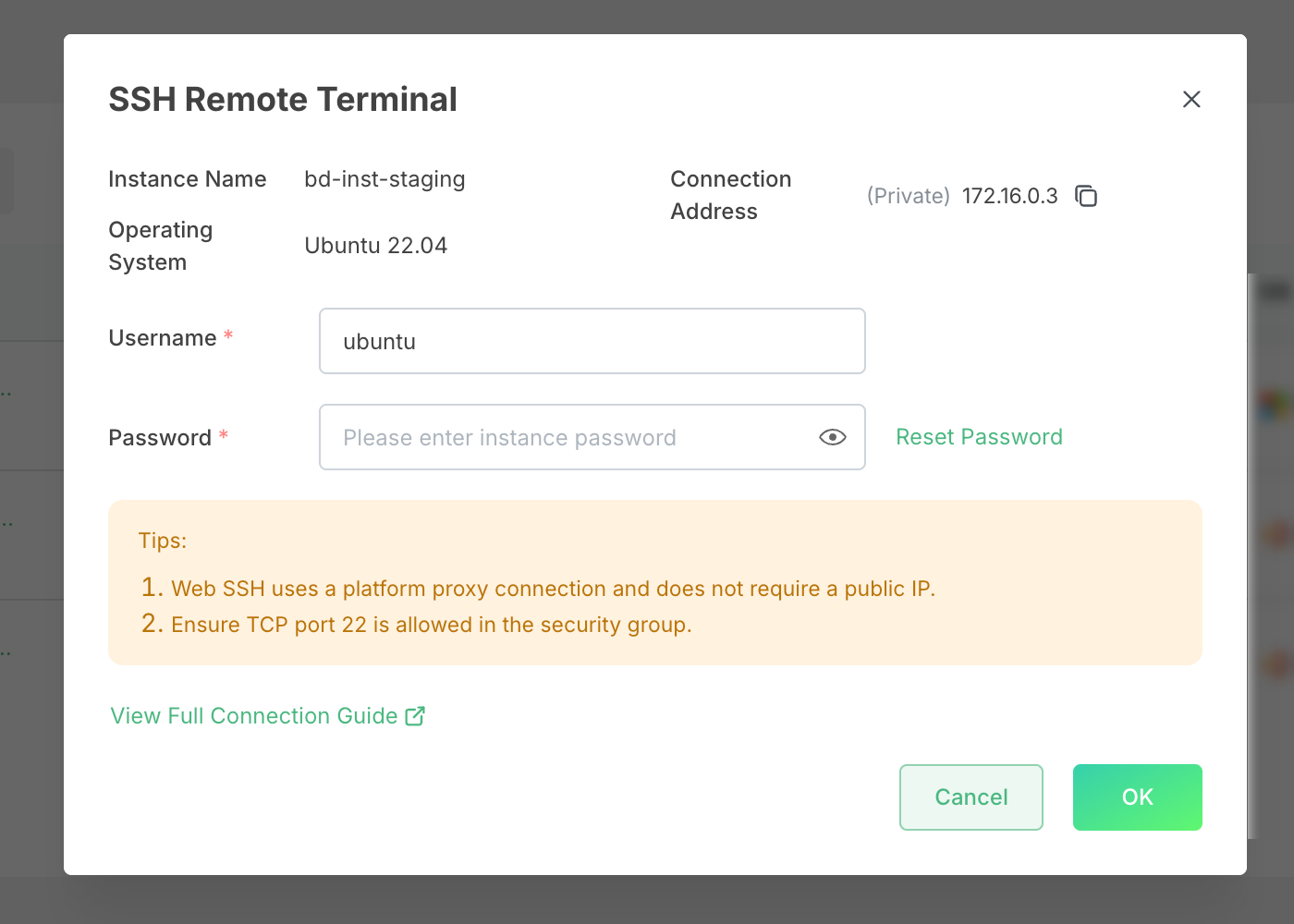 Figure 2: Web SSH login dialog
