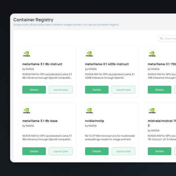 NVIDIA container registry console page with LLaMA and NVCLIP container images.