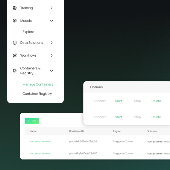 Dashboard with container management options
