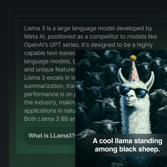 An image of llama wearing sunglasses and a party hat among black sheep with prompt text below, with background of chatbot chat session