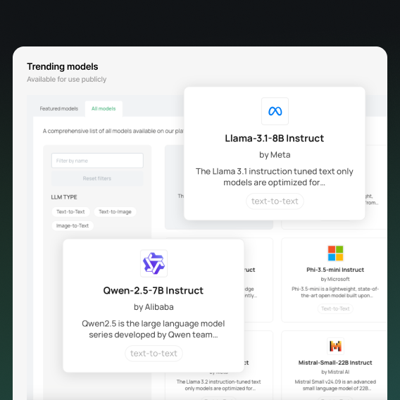 Bitdeer AI Model Library featuring trending models like LLaMA, Qwen, Phi, and Mistral