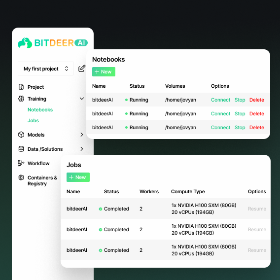 Bitdeer AI dashboard showing running notebooks and completed training jobs
