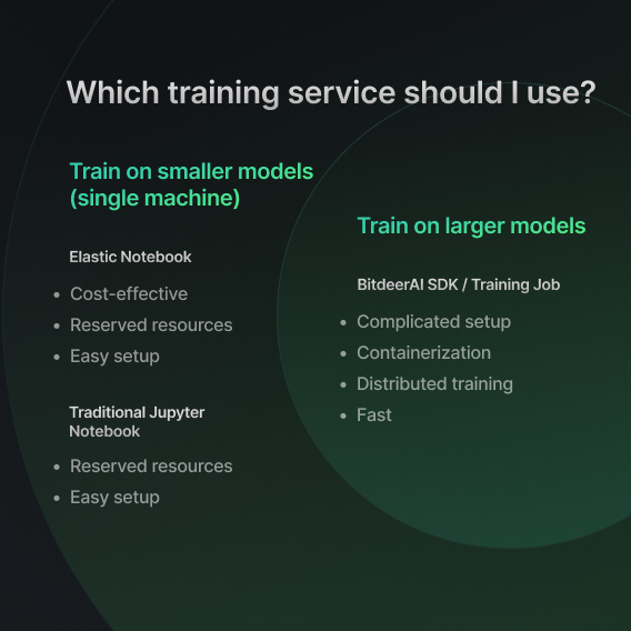 Comparison of training options for small vs large models in Bitdeer AI