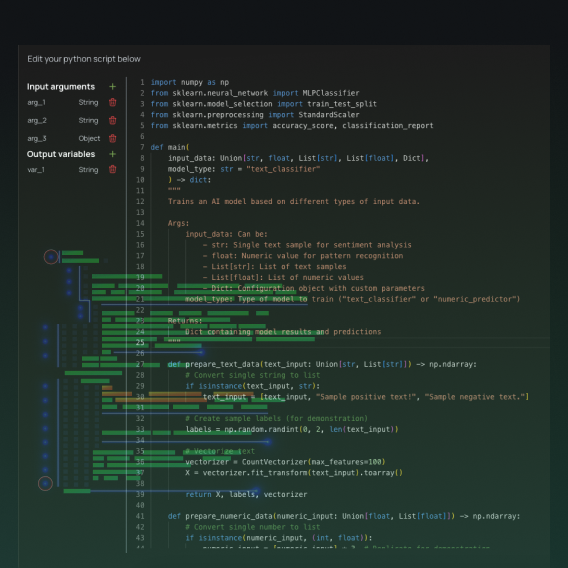 Python script editor for training AI models