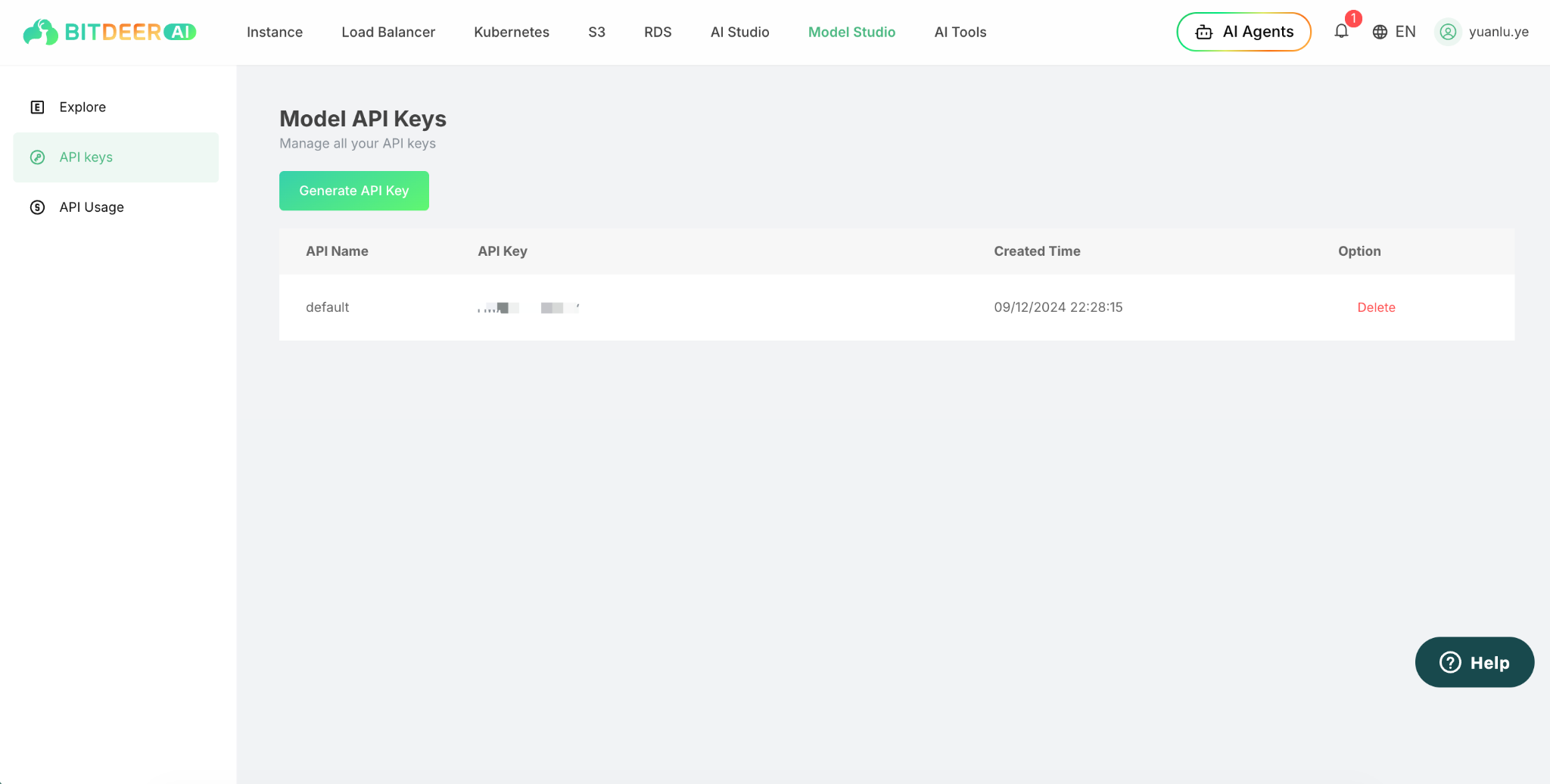Bitdeer AI Model Studio- API key 页面截图