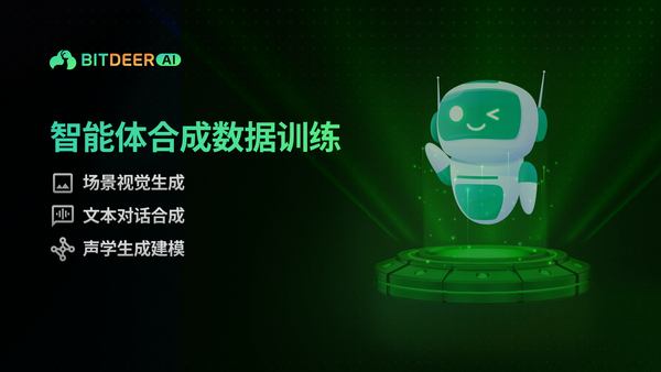 图片展示用合成数据训练智能体，配有图标和眨眼机器人。